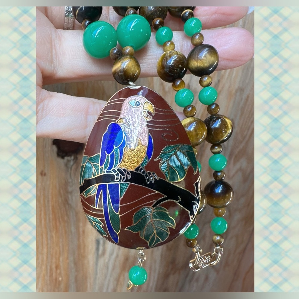 Vintage Hobé Cloisonne & Tiger’s Eye + Green Jade Stones Necklace
